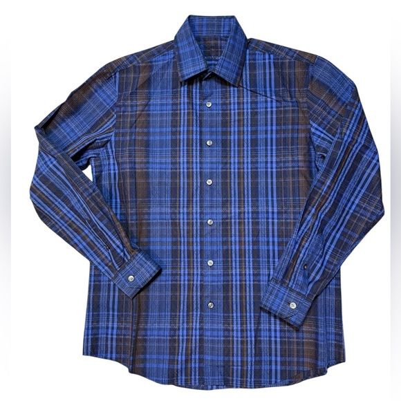Tasso Elba Blue Plaid Button down Men’s Medium 15-15.5 Long Sleeve Dress Shirt - Picture 1 of 5